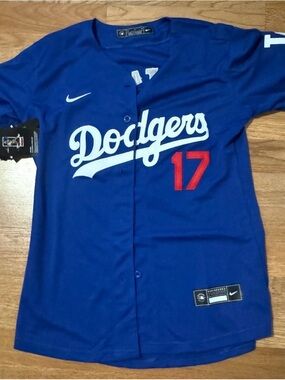 Nike Dodgers Blue Baseball Jersey with White Script & Red Number 17